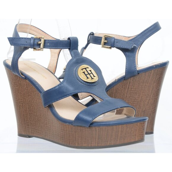 Tommy Hilfiger Kaydin Navy Blue Wedge Platform Sandals Women’s 8.5 Nautical - Picture 1 of 9